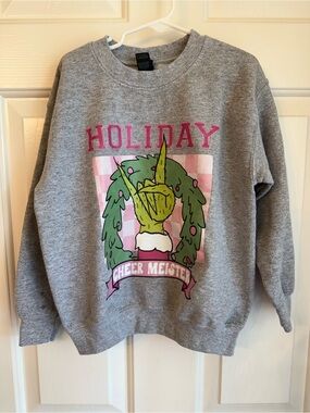 Grinch Sweatshirt -Gildan Gray Sweatshirt with Pink & Green